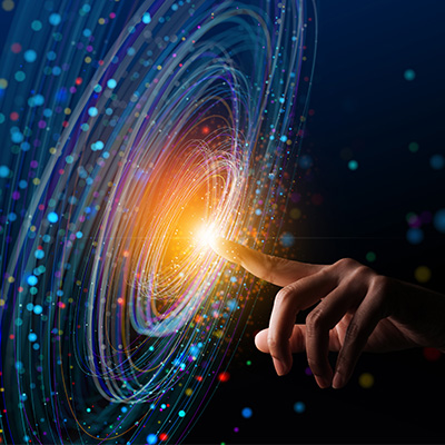 a hand touching with a finger a swirl of lightsg