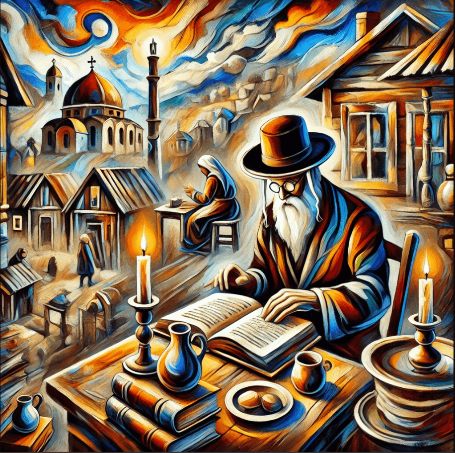 Surreal Village with a Hasidic person reading a book