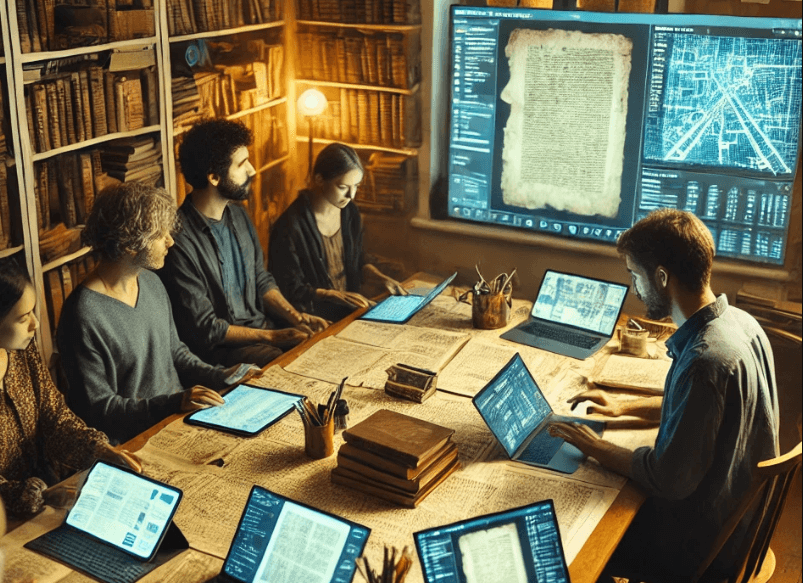 a group of people sitting at a desk with computers in a library 
