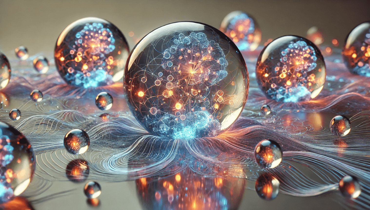 Crystal like balls with digital networks inside them connected by webs