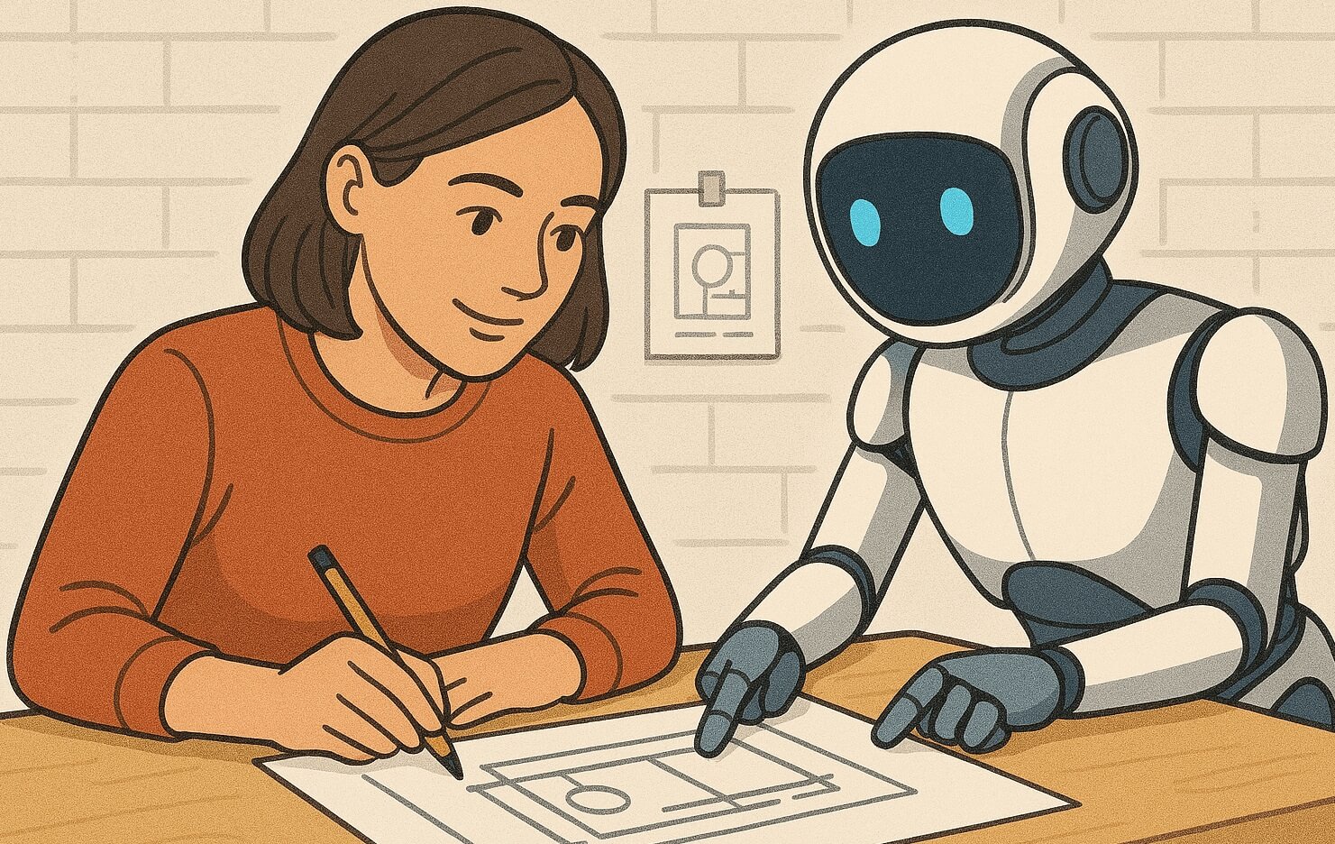 a woman and a robot sitting at a desk, trying to solve a puzzle
