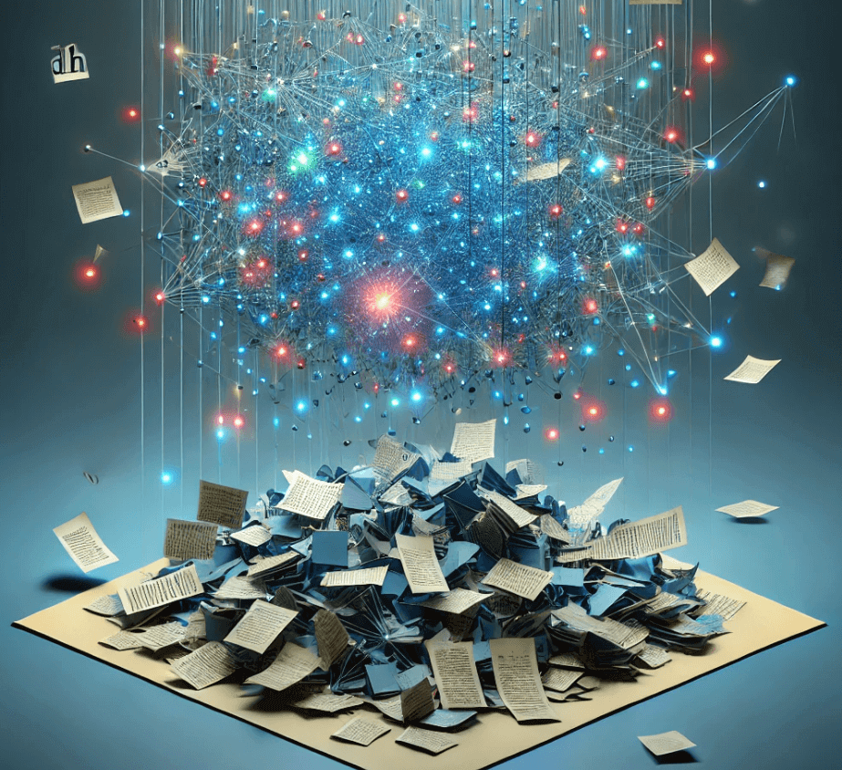 a pile of papers and above them a network of lights