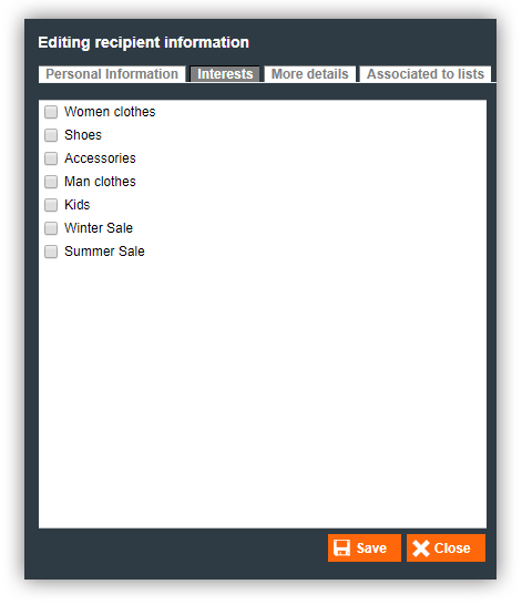 Editing recipient information - interests field